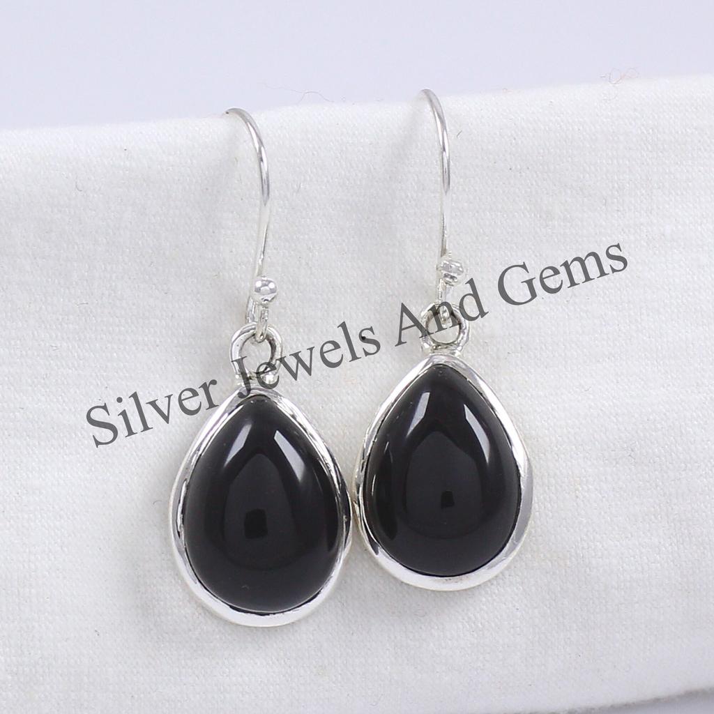 925 Sterling Silver Teardrop Black Onyx Earrings, December Birthstone