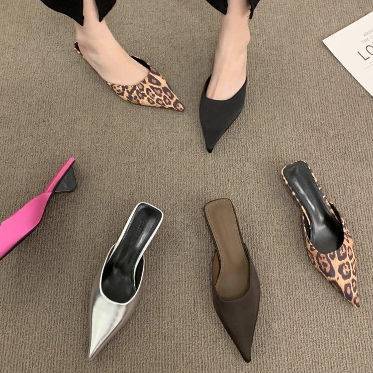 Baotou Half Slippers Women's Shoes Wear 2025 New Temperament Leopard Print Pointed French High Heels Mueller Shoes Leopard Print