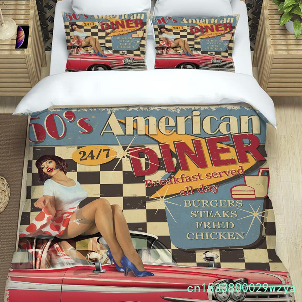 3-teiliges Bettwäscheset Klassisches Auto Vintage Poster Heimtextil Bettbezug Kissenbezug Junge Kind Teenager Mädchen Bettwäschebezüge Set