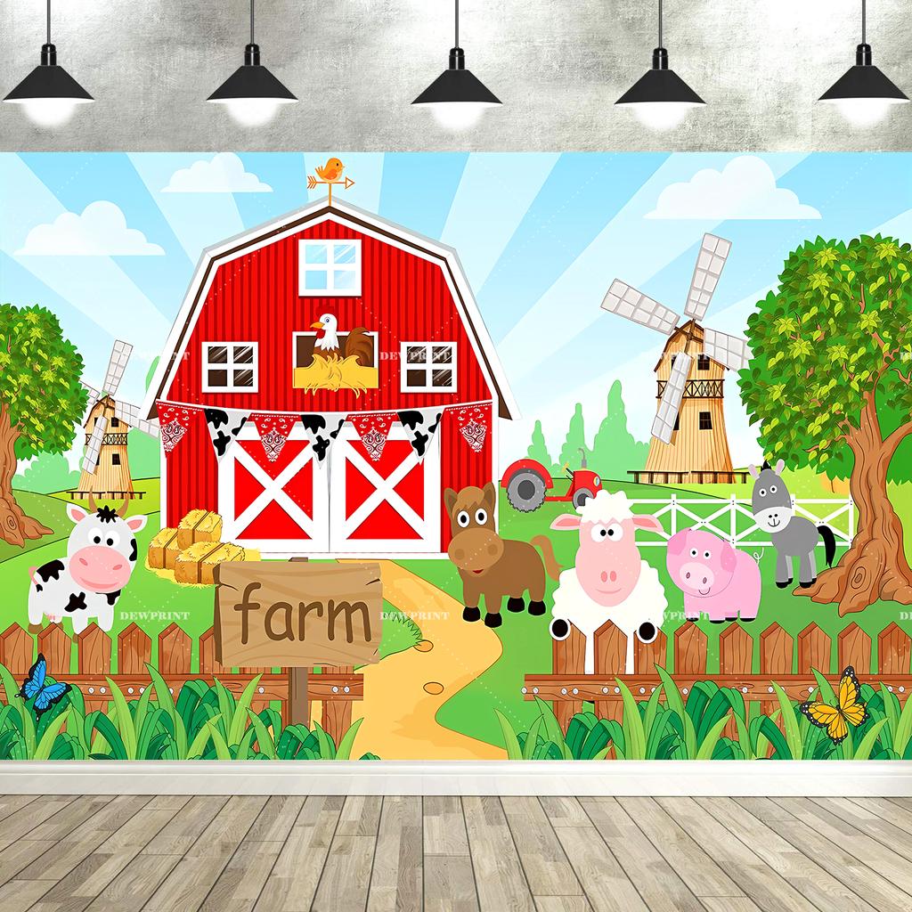 Farm Animals Theme Backdrop Banner Tapestry Birthday Party Decorations Background Farmer Barn Windmill Cow Sheep Dog Chicken458