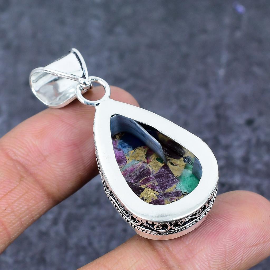 Natural Copper Ruby Zosite 925 Sterling Silver Jewelry Pendant 2.05" ET-4794