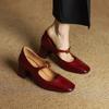 Casual Fashion Single Shoes Women's New Comfortable Large Size Small Leather Shoes Square Head High Heel Beef Tendon Soft Sole Low Top Thick Heel Le