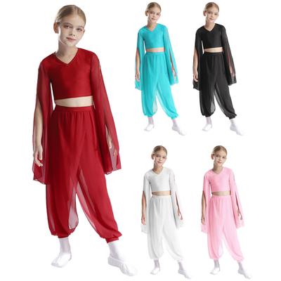 Girls Classical Dance Wear V Neck Crop Top Flared Sleeves Design Practice Pants Performance Outfit