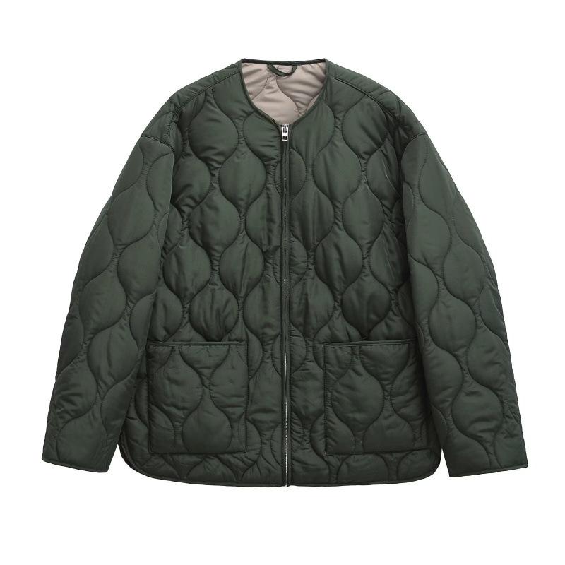 European & American Women s Lightweight Cotton Jacket - Round Neck, Zipper, Diamond Plaid, Padded, Large Pockets Outerwear XS