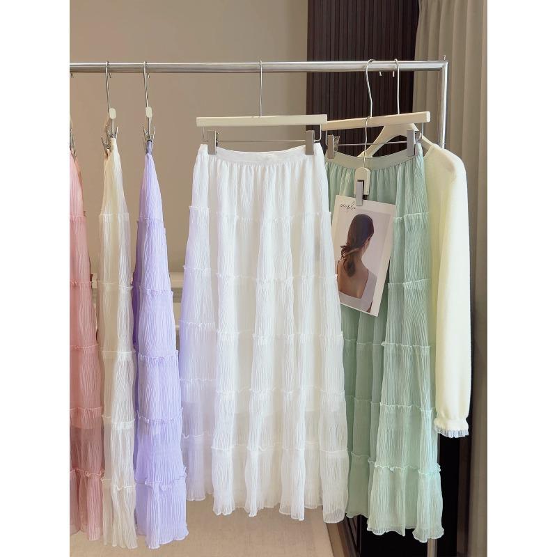 Heavy Industry pleated texture mesh skirt women's spring and summer new A-word elegant big swing umbrella skirt cake skirt