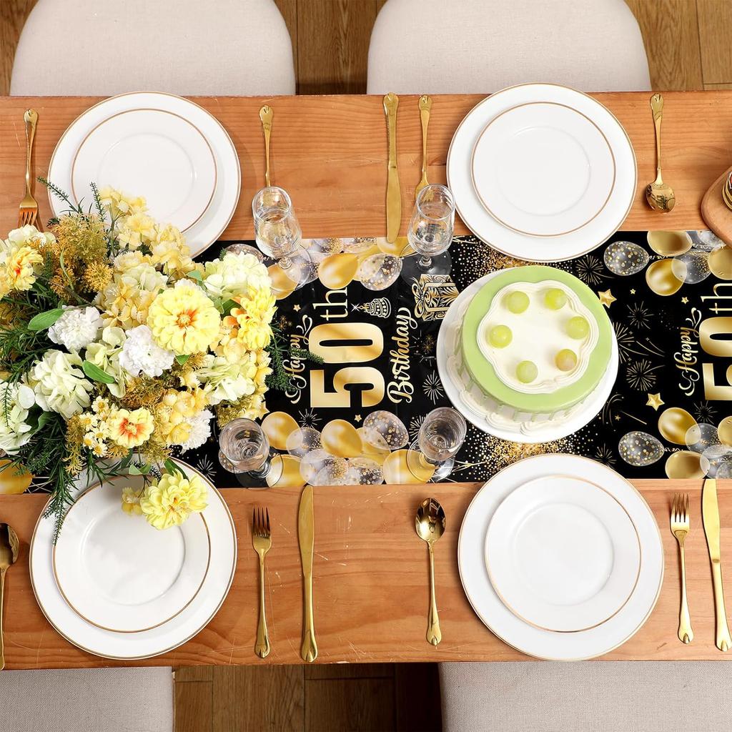 6 Pcs 50th Birthday Table Runners Plastic Black and Gold Tablecloths Happy 50th Birthday Table Runners 14x108 Inch for Men Women Anniversary