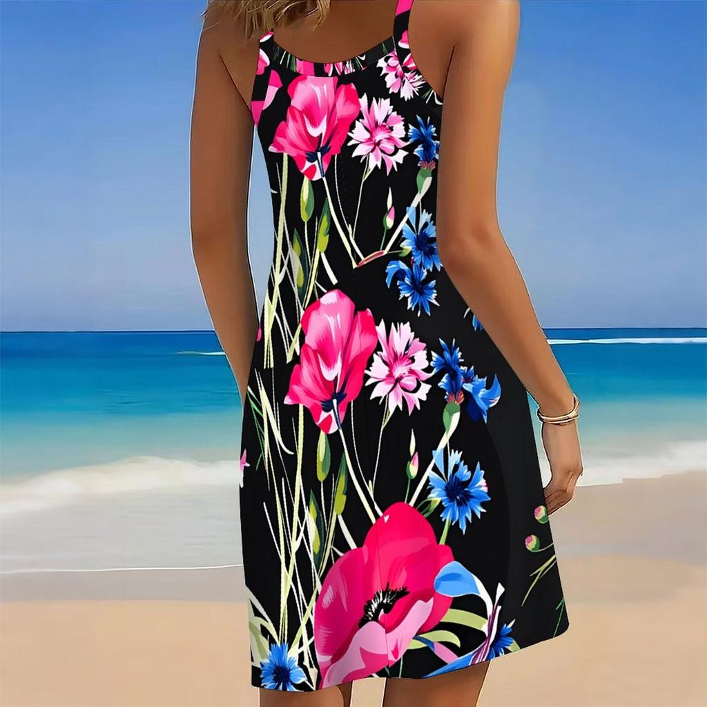 Women Plus Size Sleeveless Round Neck A Line Dress Interesting Mushroom Ladybug Print Loose Summer Leisure Short Dress