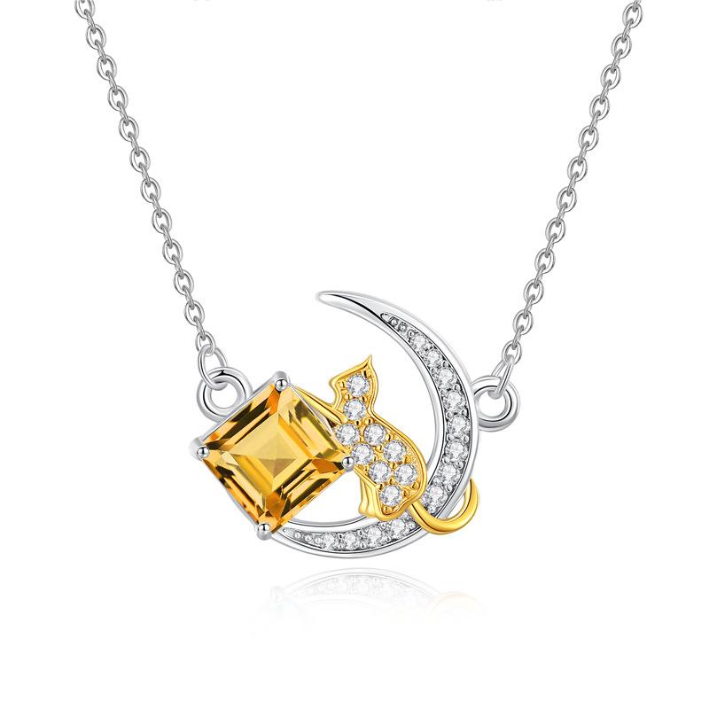 S925 Sterlingsilber Mond Stern Halskette für Damen Naturstein Anhänger Süße Katze Schlüsselbein Kette Mode Retro Schmuck Geschenk