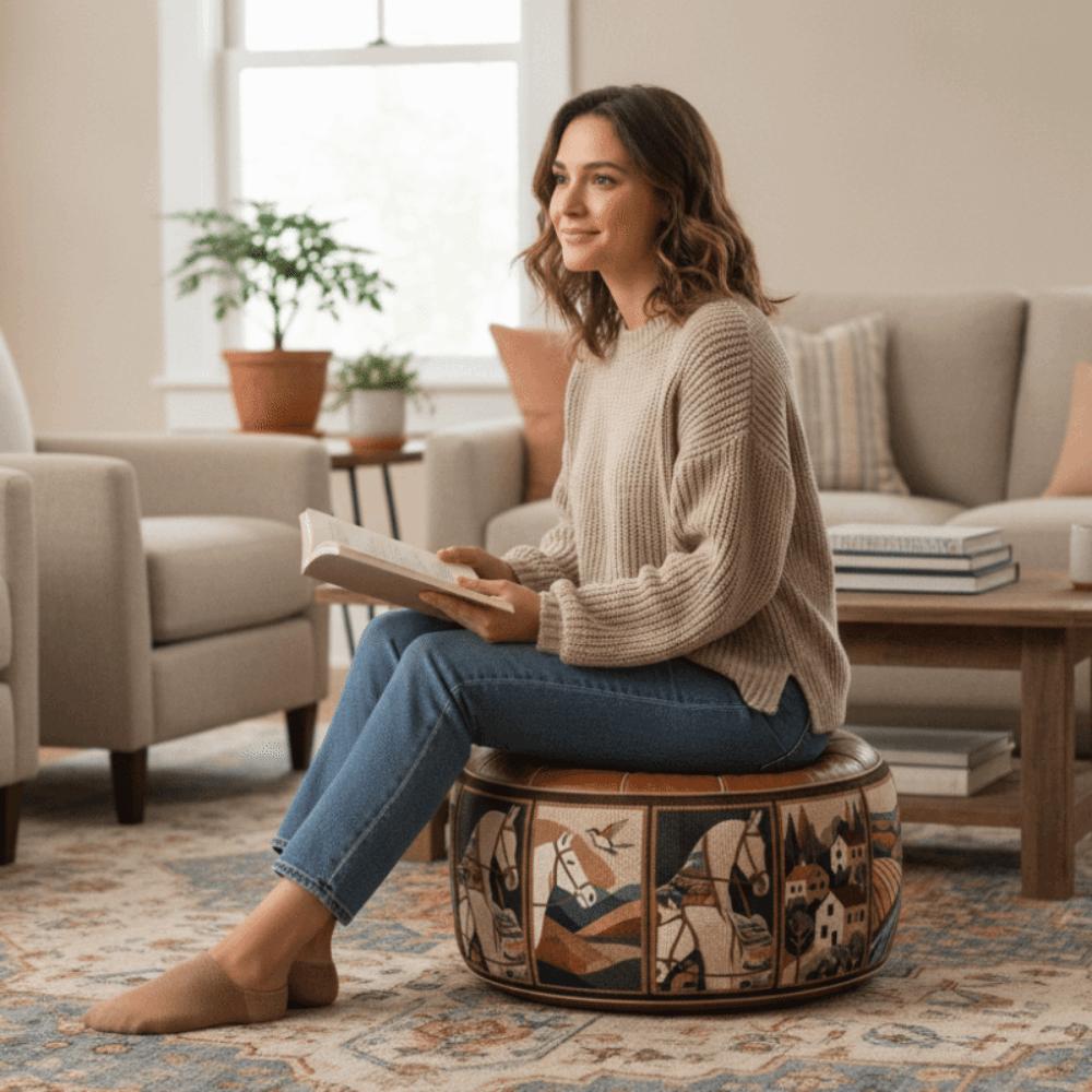 Unfilled Oil Painting Pattern Stool Cover PU Leather Floor Seat Cushion Home Decor