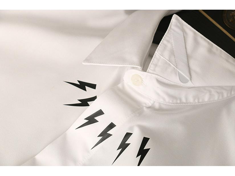 Men's Fashionable Slim-Fit Long-Sleeve Shirt with Small Lightning Prints, Available In Black & White, Large Sizes.
