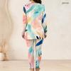 Women Plus Size Beige Blue Orange Printed Two Piece Set Half Zip Long Sleeve Longline Top Fitted Pants