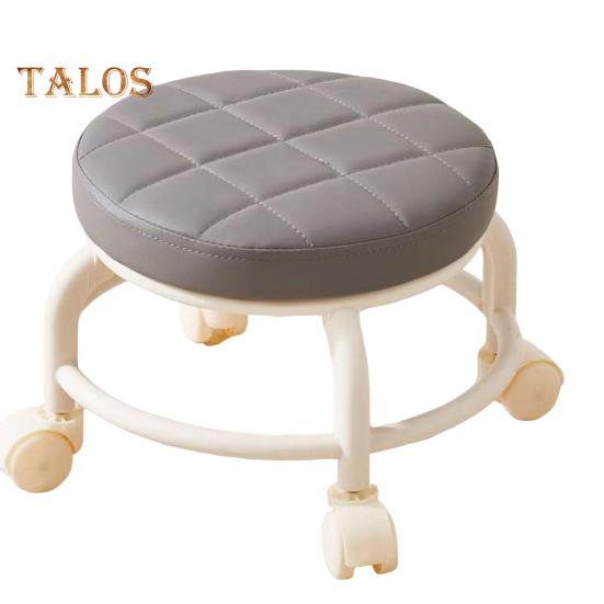 Low Rolling Stool with 360 Degrees Swivel Wheels Faux Leather Cushion Roller Seat with Metal Legs Heavy Duty Rotating Seating Stool