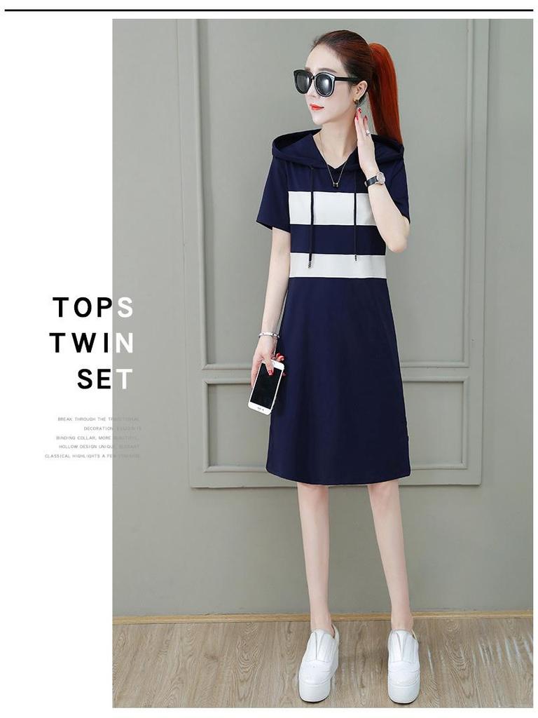 Women's Cotton Hooded Korean Style Slim Fit Summer Dress, Casual Short-Sleeved Mid-Length Skirt