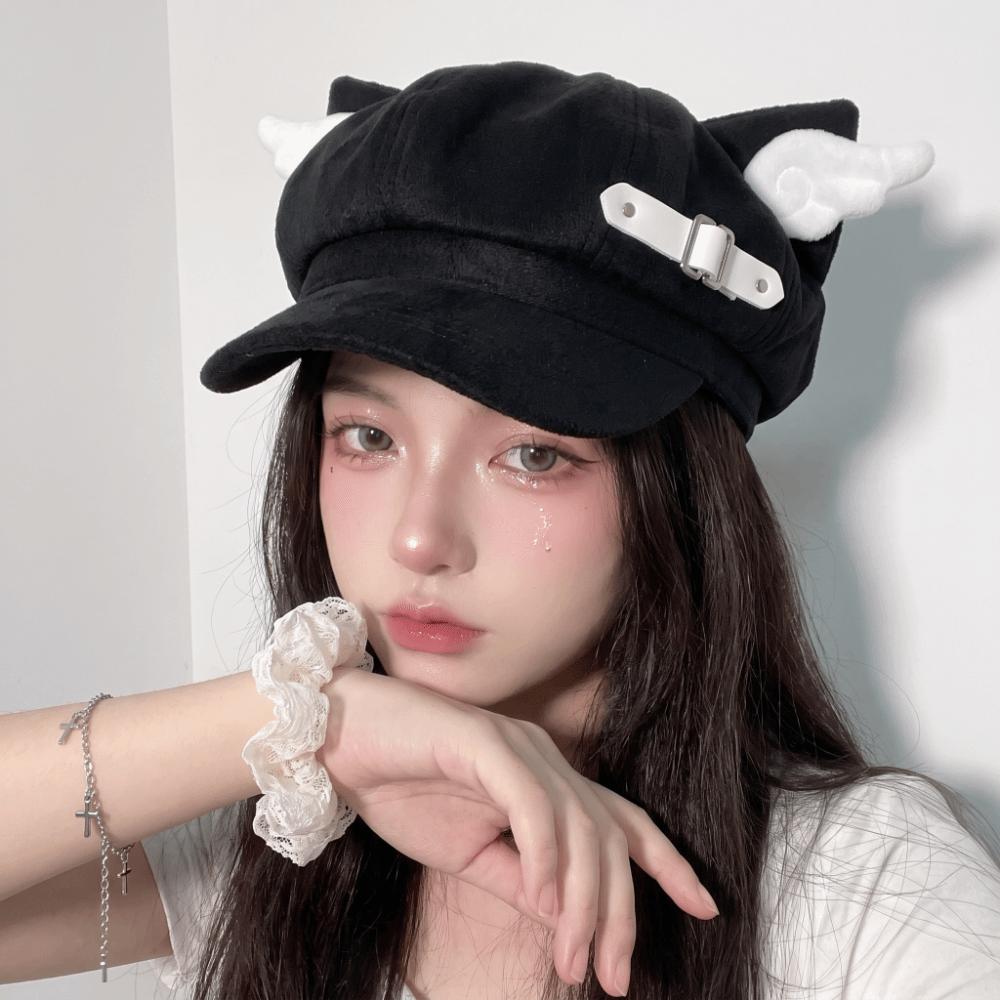 Leather Buckle Newsboy Cap Mini Wing Decor Streetwear Hat Harajuku Cat Ear Beret Hat  Daily