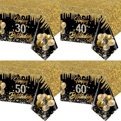 1pc Black and Gold Disposable Plastic Tablecloth for 30th, 40th, 50th, 60th Birthday Party Decorations Family Gathering