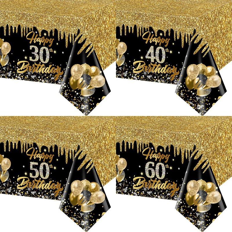 1pc Black and Gold Disposable Plastic Tablecloth for 30th, 40th, 50th, 60th Birthday Party Decorations Family Gathering