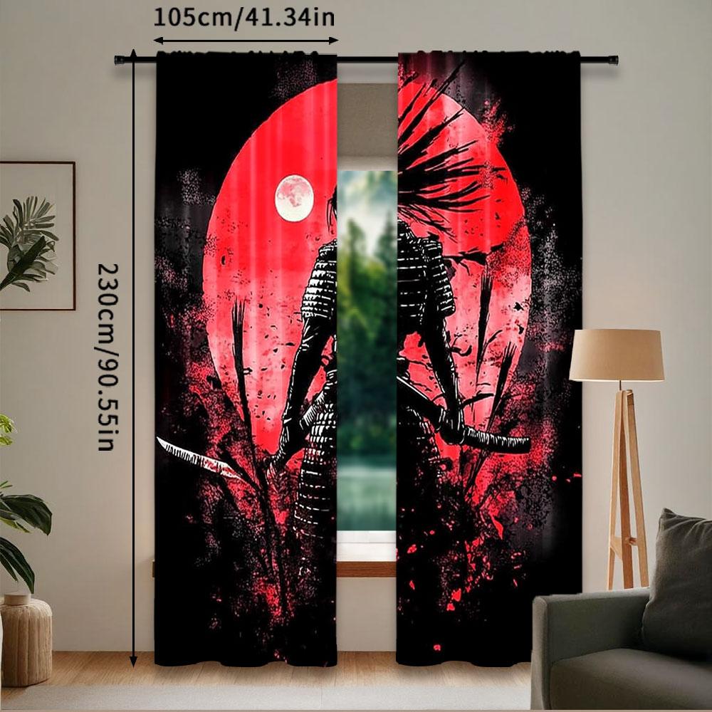 2Pcs Anime Samurai Curtain Cool Japanese Black And Red Art Curtain For Bedroom Asian Chinese Red Sun Curtain For College Dorm