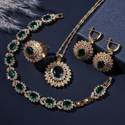 Neue Grüne Zirkonia Vergoldete Hochzeits Schmucksets Für Frauen Blumenstil Ohrringe Halskette Verstellbarer Ring Armband