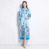 Spring Autumn Women Vintage Print Runway Dresses Full Sleeve Single Breasted Long Maxi Party Dress with Belt