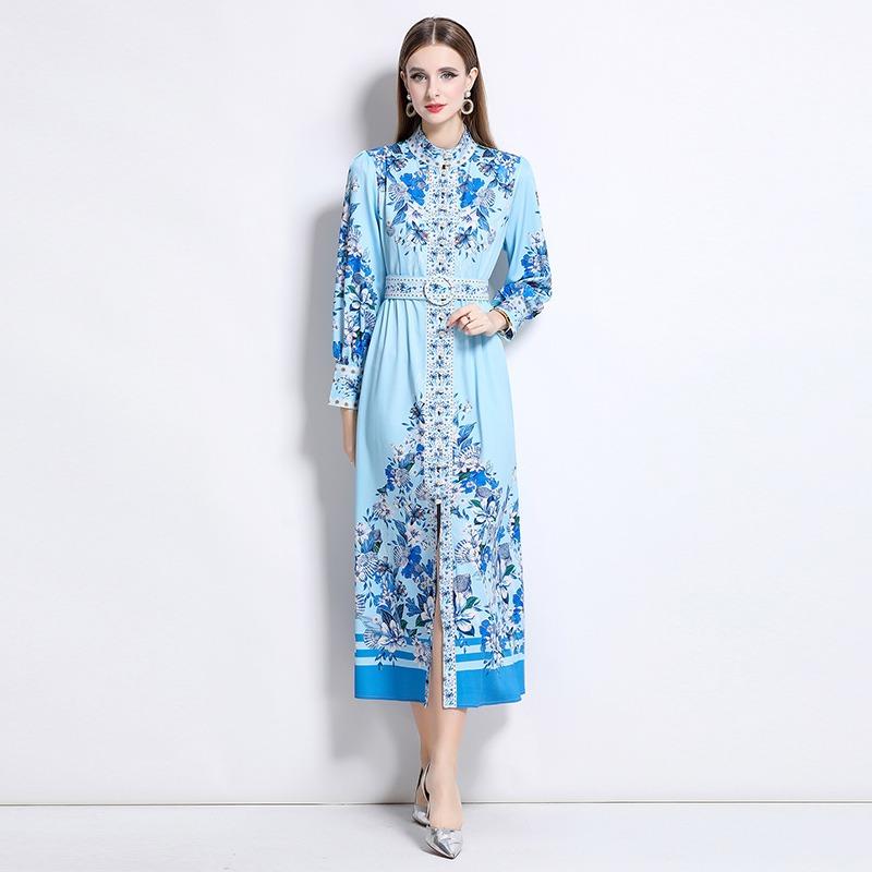 Spring Autumn Women Vintage Print Runway Dresses Full Sleeve Single Breasted Long Maxi Party Dress with Belt