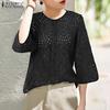 ZANZEA Damen Sommer Bluse mit Rundhalsausschnitt, 3/4-Ärmel, Spitze, Crcohet, Patchwork, lockere Bluse
