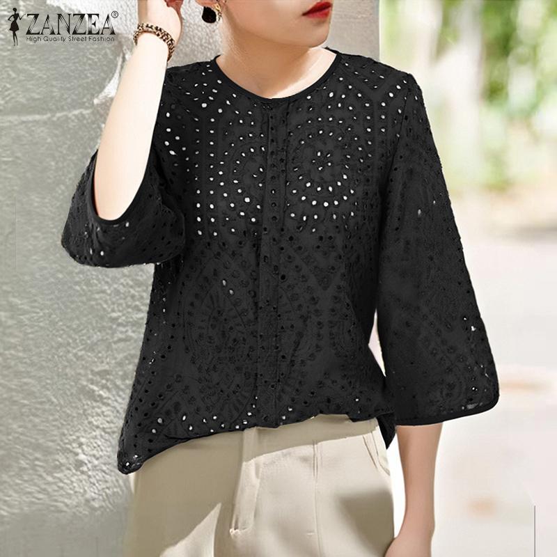 ZANZEA Dámská letní halenka s kulatým výstřihem, 3/4 rukávy, krajkovým háčkovaným patchworkem, volného střihu