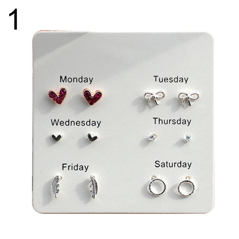 6Prs/Set Stylish Women Heart Feather Snowflake Circle Ear Stud Earrings Jewelry Jewelry Gift