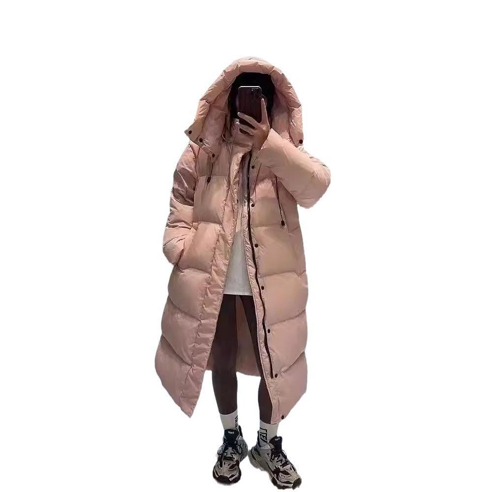 New pink big quilt long down jacket for women, Northeast extreme cold thickened versatile casual jacket for women