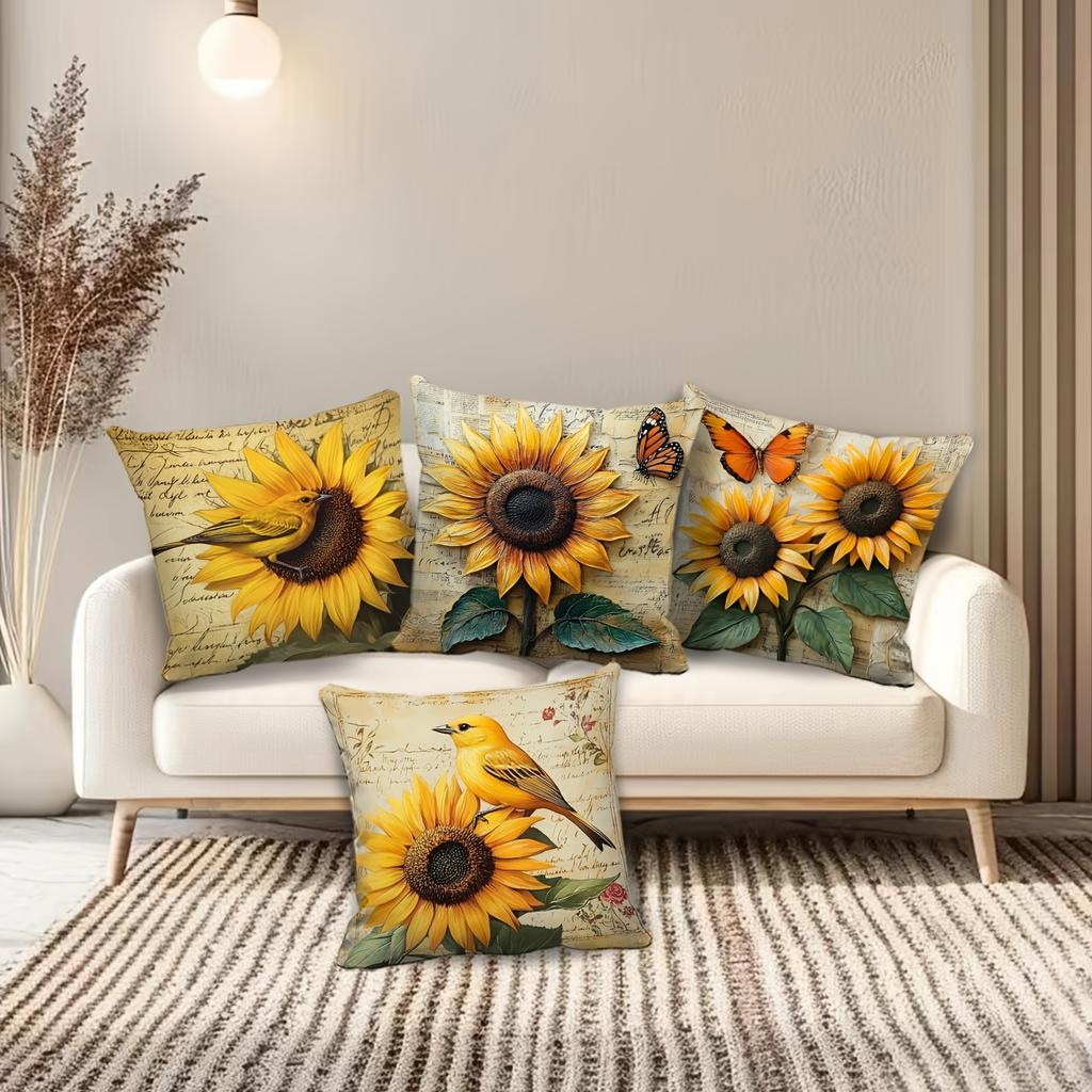 Vintage Sunflower Bird Pattern Pillow Cover Decorative Cushion Cover Home Decor Sofa Living Room Bedroom Farmhouse Nature Rustic
