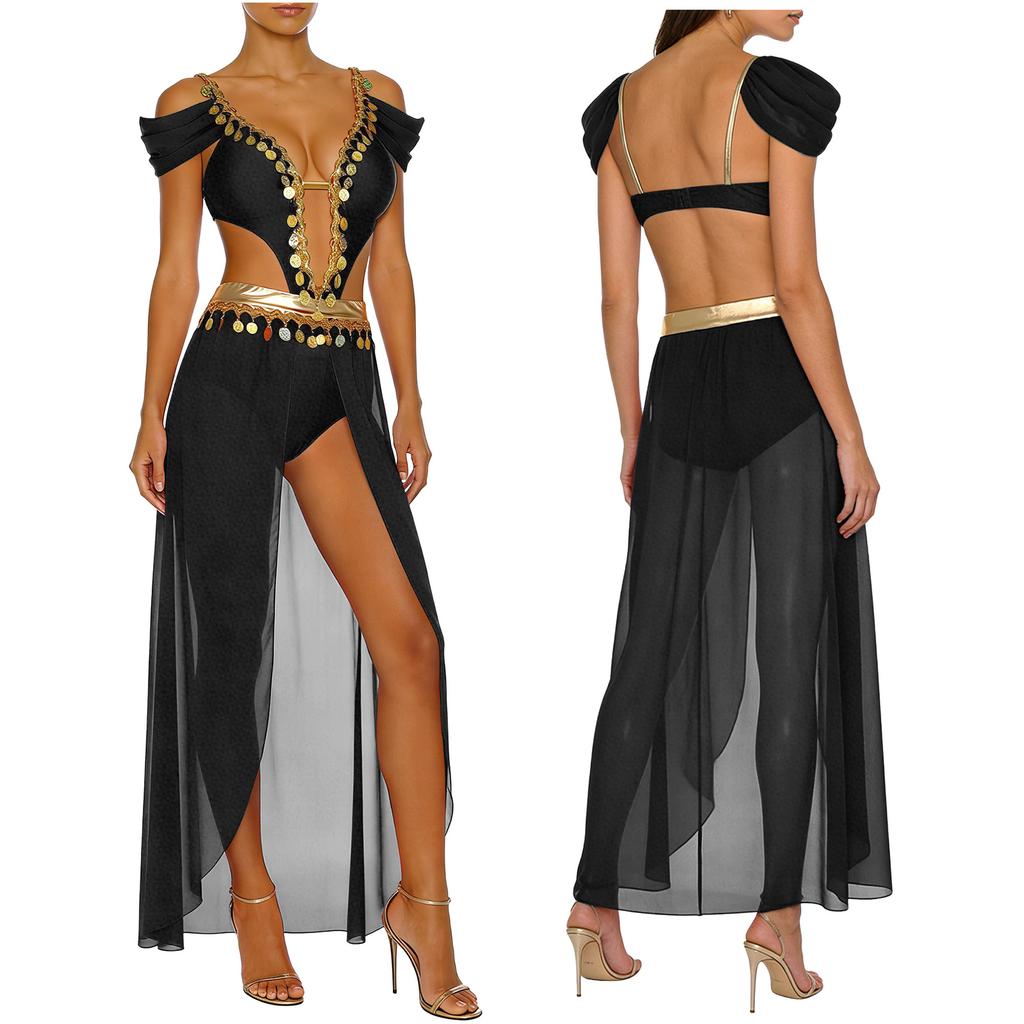 Ladies India Dance Costume S-3XL Sequin Tassel Bodysuit Dress V Neck Cutout Open Front Chiffon Hem with Built-in Shorts for Belly Dance