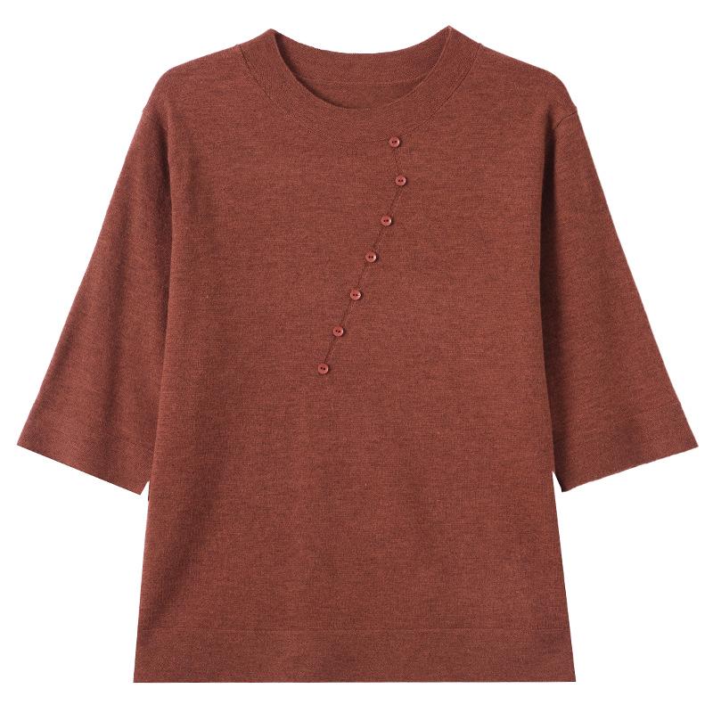 Stylish Plus Size Round Neck Knit Top for Middle-Aged Women - Mid-Sleeve Sweater