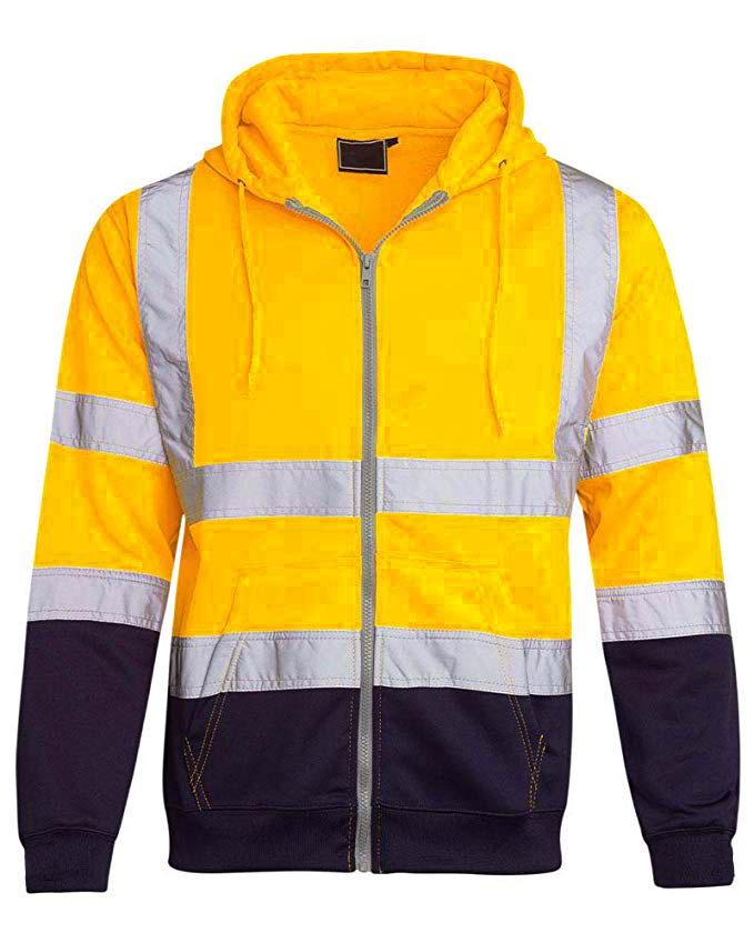 Fleece-lined Outdoor Sanitation Workwear Men's High Visibility Reflective Strip Zipper Color Blocking Hooded Sweatshirts