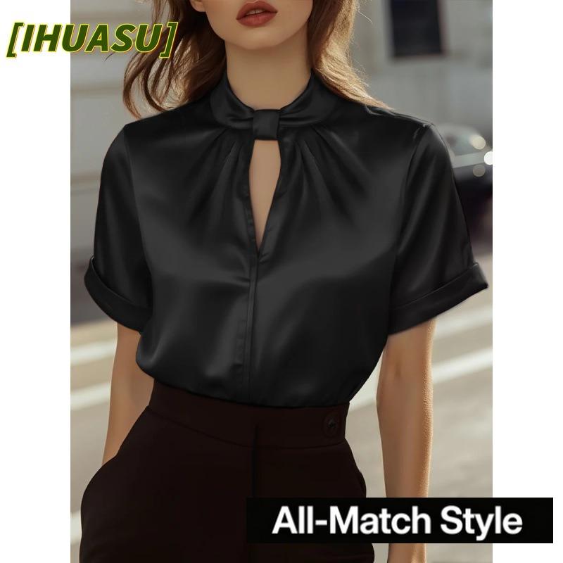 IHUASU Blusas y camisas informales de manga corta con cuello redondo y estampado de Color sólido a la moda para mujer