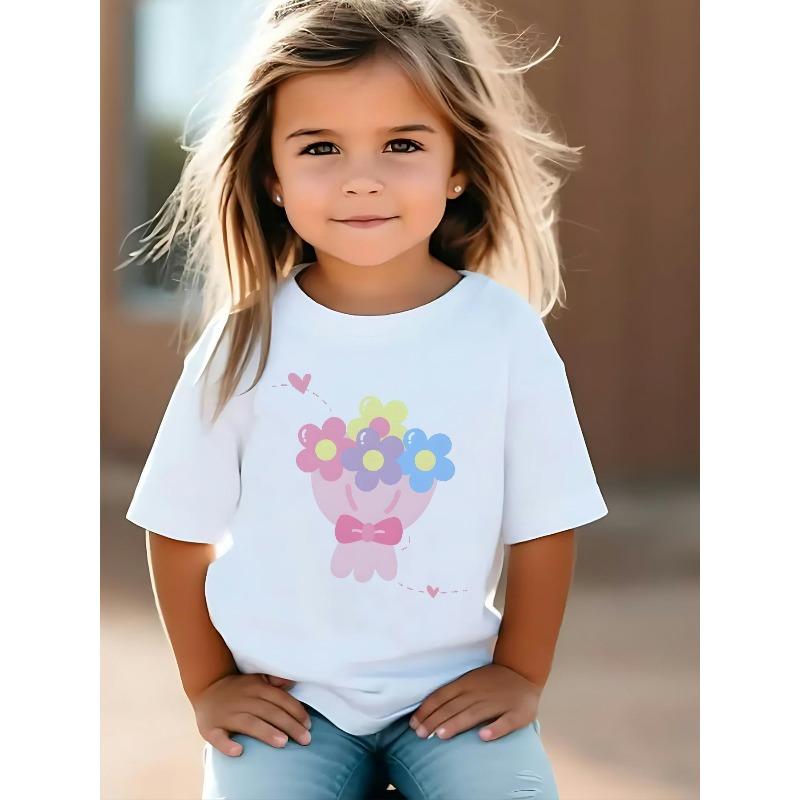 European sizes Adorable Floral-Patterned Cartoon T-Shirt with Short Sleeves And a Round Neckline for Girls, Ideal for Wearing in Spring And Summer