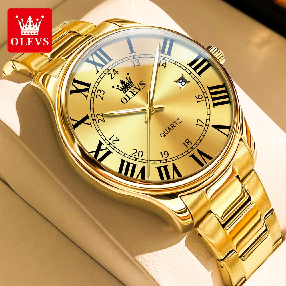 OLEVS Men's Watches Trend Fashion Gold Fine Steel Original Brand Quartz Wristwatch for Man Waterproof Luminous Date Roman Dial
