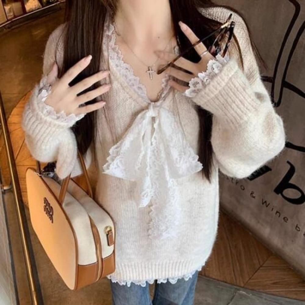 Navava Women Lovely Lace Ribbon Long Sleeve Knit Tee Nk2782