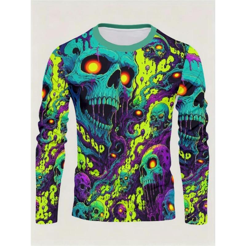 Men Long Sleeve T‑Shirt Skull Spider Lace 3D Print Gothic Halloween Art Casual Streetwear Top