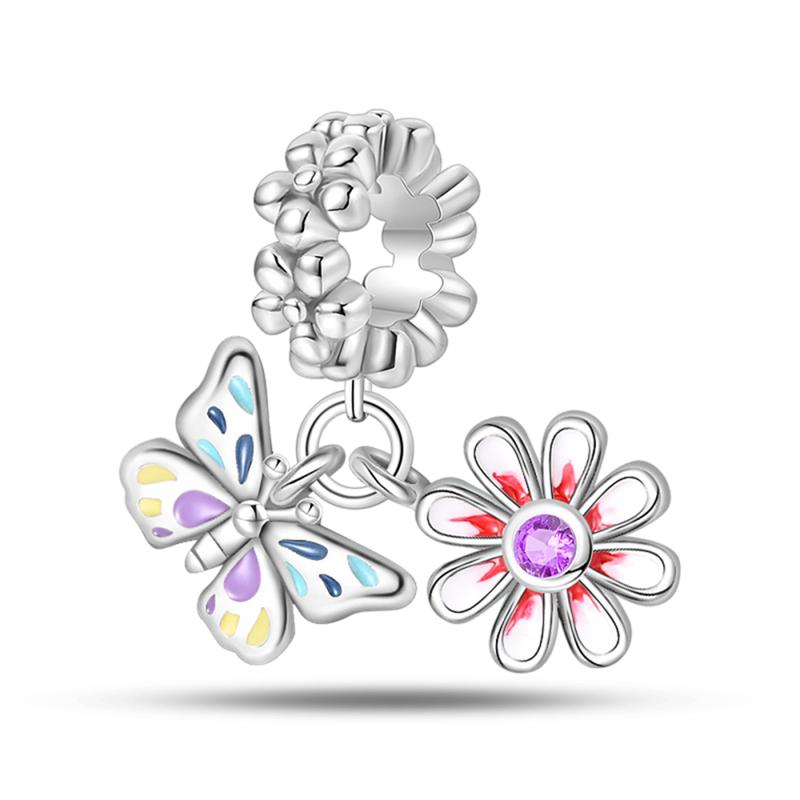 Copper Romantic Lover In Spring Charms Beads Colorful Flower Butterfly Dangle Fit Original Bangle Bracelet Diy Jewelry Gift