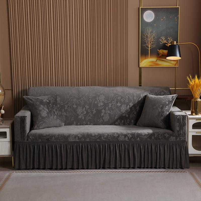 Elegant Stretchable Sofa Cover with Skirt for 1/2/3/4 Seater Soft Velvet Non-Slip Elastic Luxury Solid Color