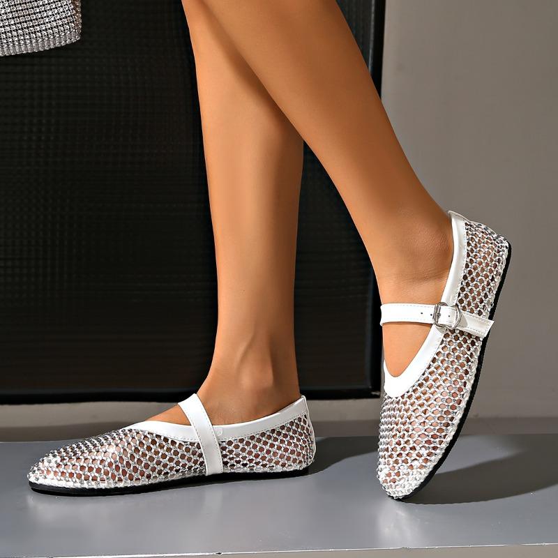 Women Flats New Fashion Ballet Mary Janes Crystal Shoes Summer Woman Luxury Rhinestone Soft and Breathable Mesh Sandals