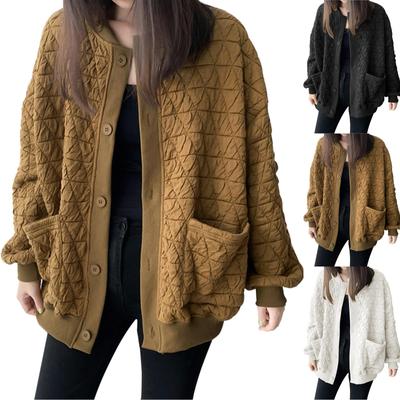 Women's Fashion Loose Baseball Uniform Solid Color Button-up Pocket Top Vintage Cotton Jacket
