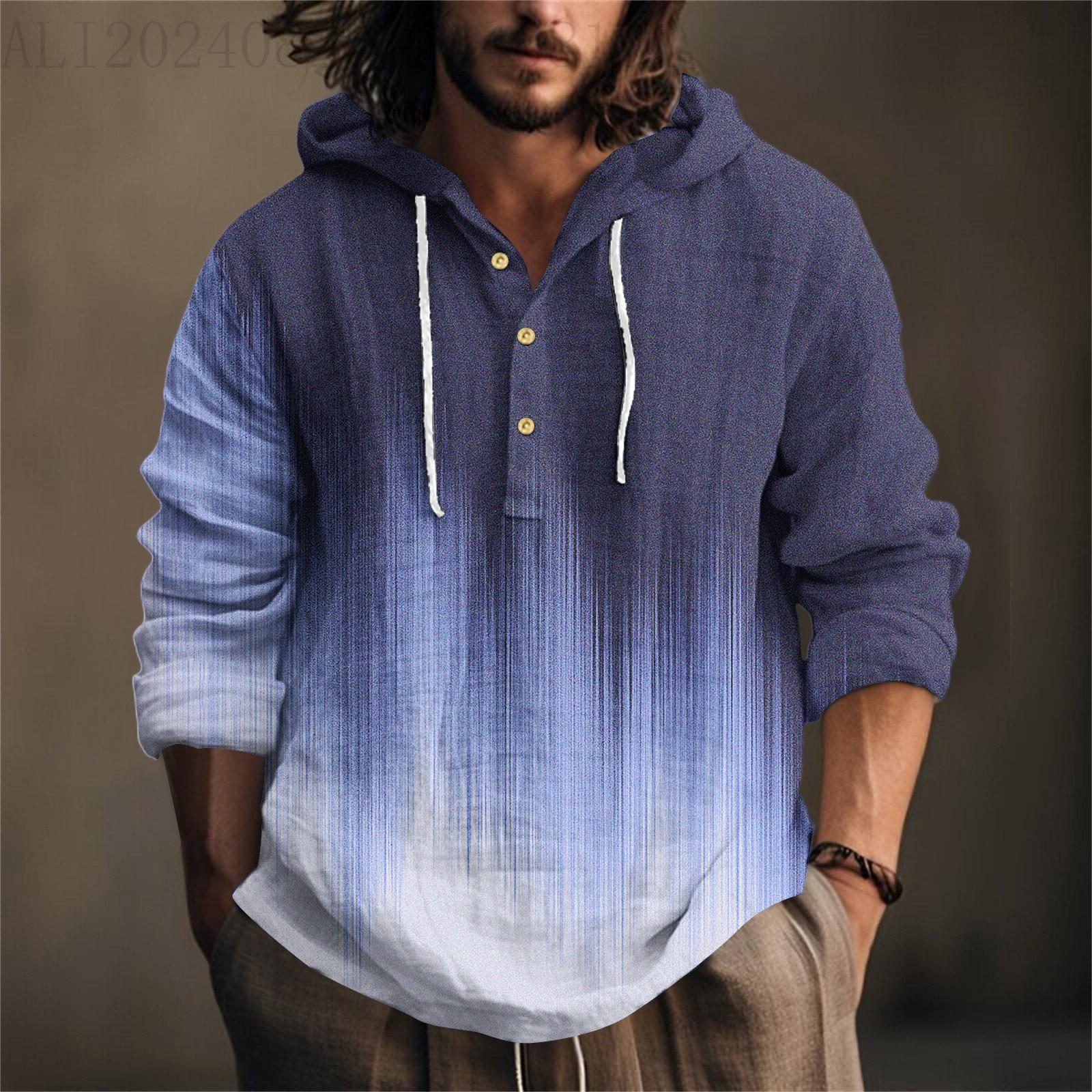 

Мужская рубашка с принтом из хлопка и льна с капюшоном, с длинными рукавами, повседневная одежда для весны и лета M тёмно-синий