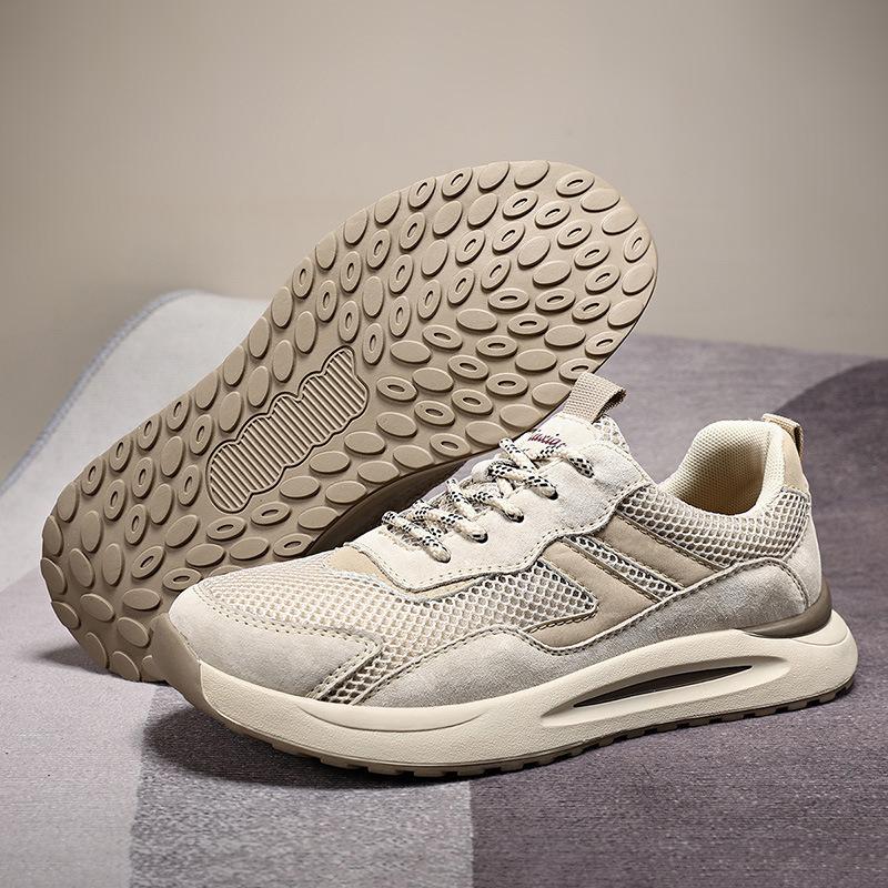 2025 spring new large size casual mesh breathable first layer leather sports men's shoes outdoor mesh hollow jogging men