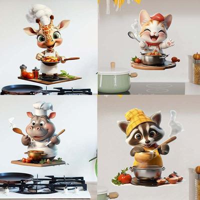Cute Giraffe & Cat & Lucky Hippo Chef Cooking Wall Decal - Charming Animal Refrigerator Sticker for Home & Dining Decor Decals S481