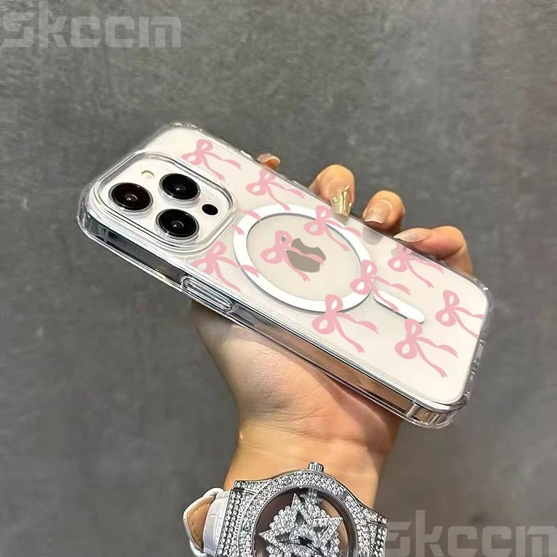 Pink Blue Bow Magsafe Magnetic Case For iPhone 16 15 14 13 12 11 Pro Max X XR XS 7 8 16 Plus Wireless Charging Clear Hard Cover