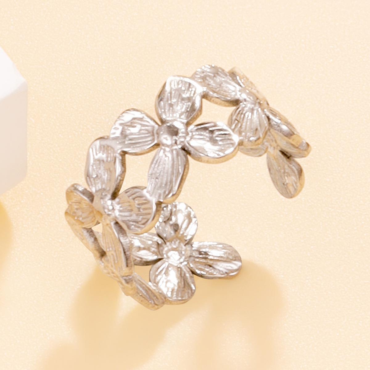 Adjustable Stainless Steel Four-Leaf Clover Floral Ring for Women