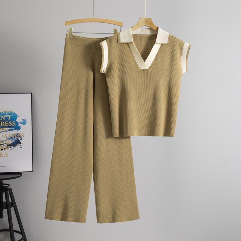 Women s Summer 2026 Polo Collar Knit Top and Pants Set - Loose, Slimming Casual Fashion Two-Piece. One Size хаки