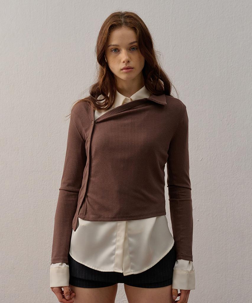 CAMINO Diagonal Collar Blouse Brown