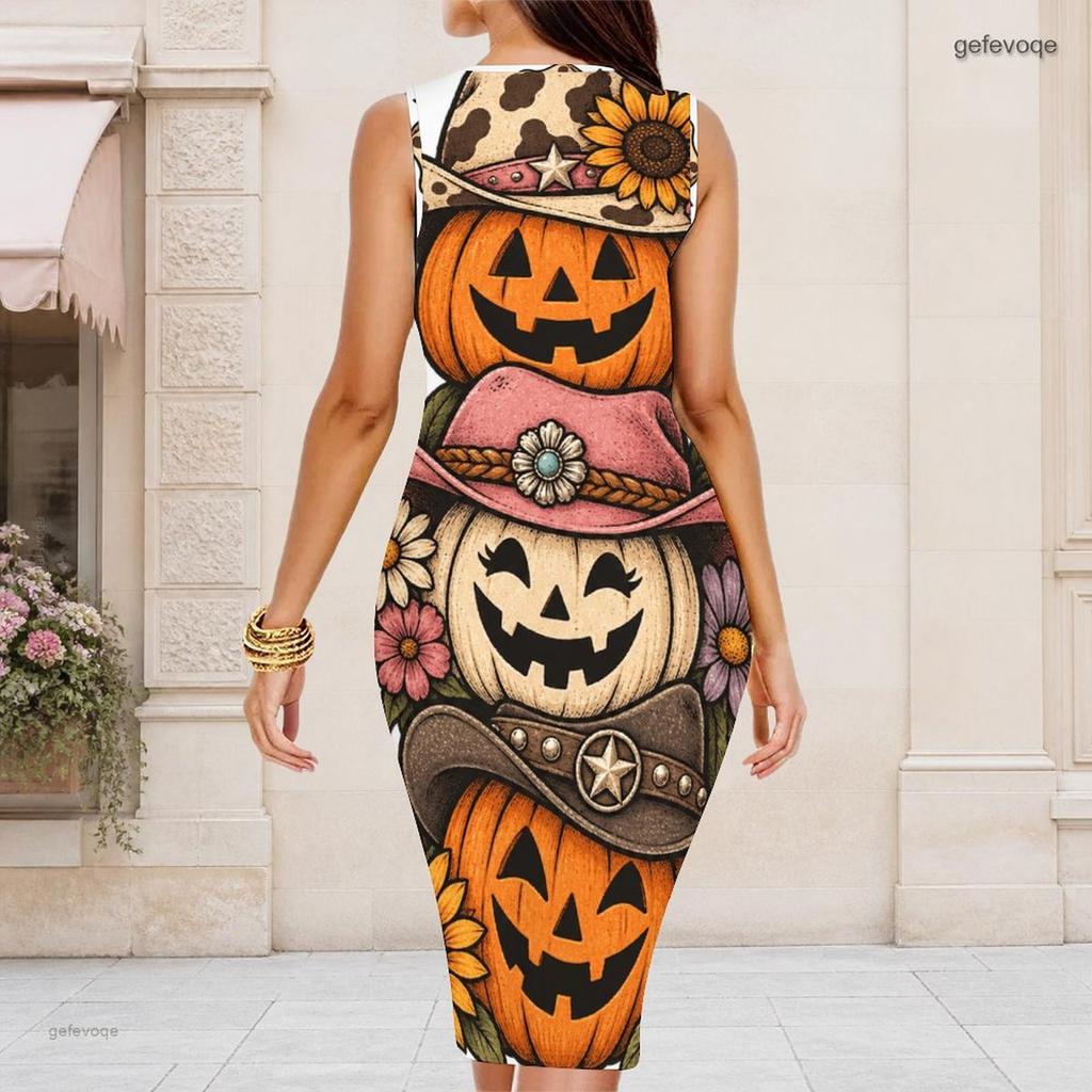 Women Plus Size Round Neck Sleeveless Halloween Sloth Printed Bodycon Midi Dress