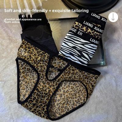 Calcinha Fio Dental Sexy de Seda Gelada com Estampa de Leopardo para Primavera e Verão Feminino, Cintura Baixa, Forro de Algodão